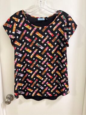 Cynthia Rowley Black Cap-Sleeve Top Multicolor Floral Geometric Print - Medium